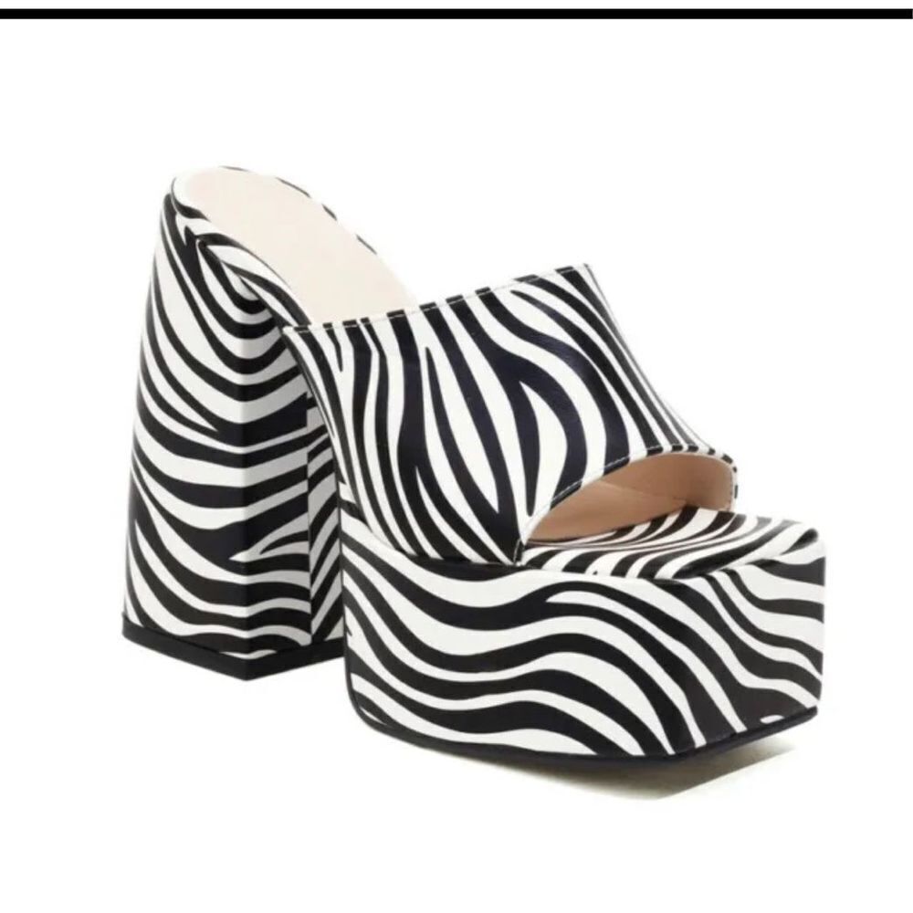 Zebra Square Toe High Block Heels slip
On